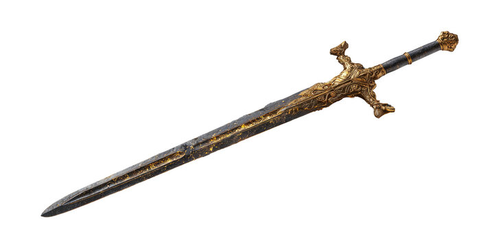 Ornate longsword with gold accents and a black grip, isolated on a black background