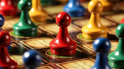 Colorful game pieces on board representing competition and strategy, with focus on red piece