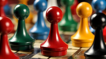 Colorful game pieces on board representing competition and strategy, with focus on red piece