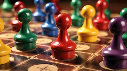 Colorful game pieces on board representing competition and strategy, with focus on red piece