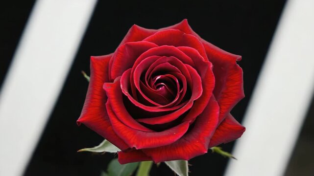 Vibrant red rose in full bloom against a graphic background. Triptych panoramic banner with a repeating floral pattern and bold black and white stripes for a modern design