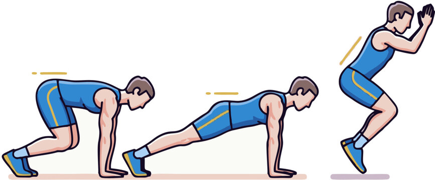 "Vector illustration of a person performing burpee exercise sequence on a white background"