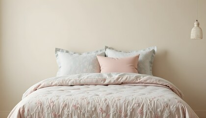 Cozy bedroom with pink and white bedding and pillows