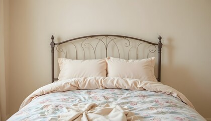 Cozy bedroom with floral bedspread and elegant metal headboard