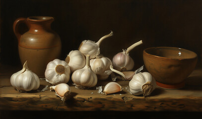 A still life of fresh organic garlic bulbs and raw onion cloves creates a healthy aromatic ingredient bunch for vegetarian cooking and spicy seasoning in agriculture and nutrition