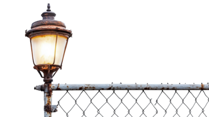 Old street lamp on side of rusty fence casting glow against transparent background 