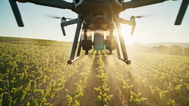 Agricultural Drone Sprays Vineyard Rows with Golden Sunlight and Green Leaves