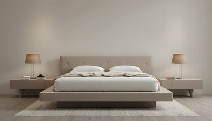 Modern minimalist bedroom with beige bed and nightstands