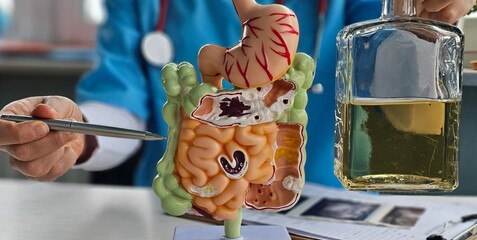 Obraz premium Doctor holds a model of the digestive system and a bottle of alcohol