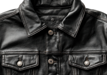 Close-up of a black leather jacket with buttons, pockets, and a collar, showcasing texture