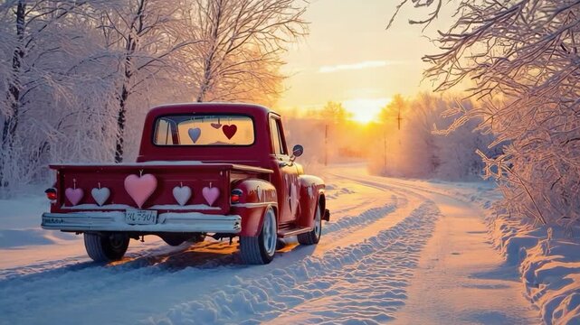 Vintage red pickup truck decorated with hearts for valentine's day on a snowy country road. Romantic winter landscape scene during a beautiful golden sunrise. Festive holiday concept