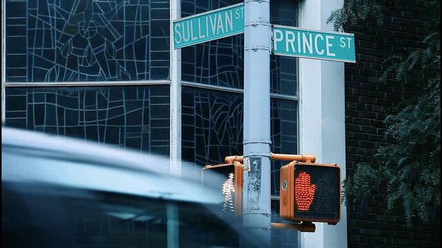 Iconic street corner in SoHo, New York, 2013. Prince Street meets Sullivan Street with classic street signs defining the neighborhood&rsquo;s urban identity
