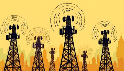 Cell towers broadcasting signals over modern cityscape