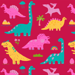 Baby dinosaur cartoon textile illustration vector design for cute kids print. Seamless pattern perfect for clothing or wallpaper. Colorful prehistoric art for children background. © Liusia Voloshka