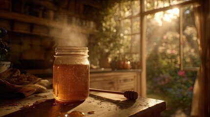 Honey Jar In Rustic Kitchen With Garden View
