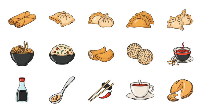 Chinese Food Vector Icon Set: Dumplings, Spring Rolls, Fried Rice & Asian Cuisine Graphic Design