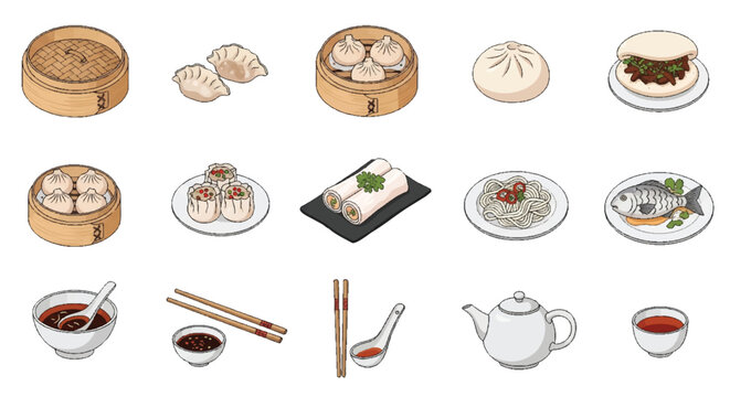 Chinese Dim Sum Vector Icon Set - Asian Food Graphic Design Collection