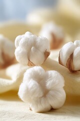 Soft Fluffy White Cotton Balls On Beige Fabric