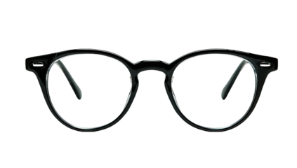 Black, round-framed eyeglasses, resting on a black background, centered and perfectly symmetrical