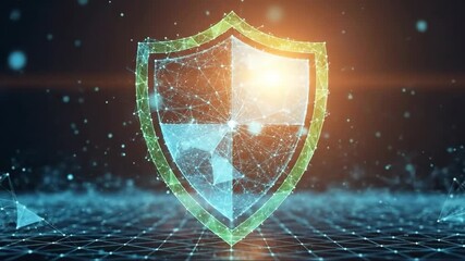 Abstract digital shield icon over network grid, futuristic cyber style, dark blue and neon colors, cybersecurity concept - Powered by Adobe