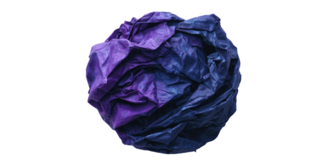 Close-up of a crumpled, spherical object with varying shades of purple and blue against a black backdrop