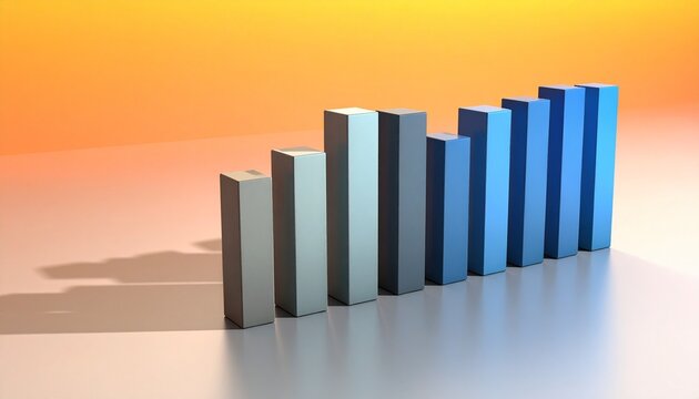 3D bar chart with gradient colors showing upward data trend on dark reflective background. - Powered by Adobe