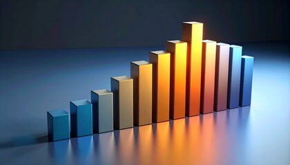 3D bar chart with gradient colors showing upward data trend on dark reflective background.
