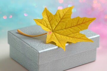 Golden Maple Leaf On Silver Gift Box