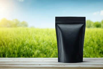 Blank Black Pouch On Wooden Table In Countryside