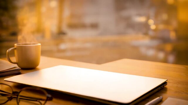 Minimal workspace with open notebook coffee cup and eyeglasses on wooden desk under warm morning light showing calm productivity and creative focus