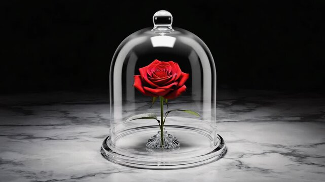An enchanted red rose preserved forever under a glass cloche on a marble surface. A timeless symbol of everlasting love, beauty, and passion for a romantic fairytale theme