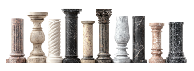 A collection of various stone pillars of different shapes, sizes, colors and styles, arranged on black