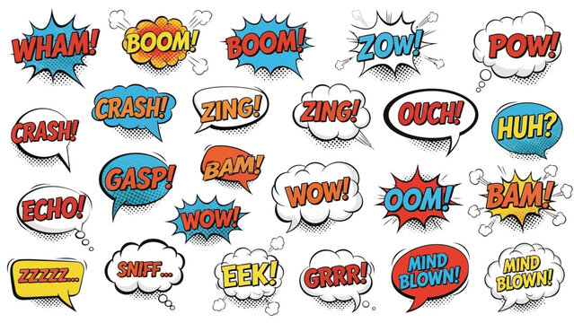 Colorful Comic Book Speech Bubbles with Dynamic Exclamations and Sound Effects.