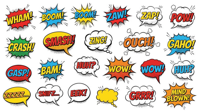 Colorful Comic Book Speech Bubbles with Dynamic Text and Explosive Designs.