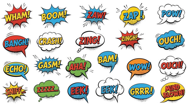 Colorful Comic Book Speech Bubbles with Dynamic Text and Exclamations.
