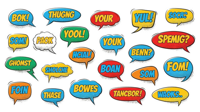 Colorful Comic Book Speech Bubbles with Various Text and Bold Outlines.