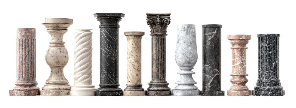 A collection of various stone pillars of different shapes, sizes, colors and styles, arranged on black - Powered by Adobe