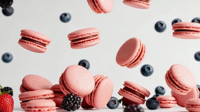 Pink french macarons and fresh mixed berries falling in slow motion. A dynamic composition of sweet confectionery for a patisserie advertisement or gourmet dessert menu