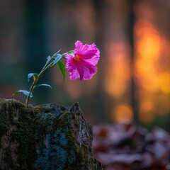 Pink Flower On Stump With Warm Sunset Light