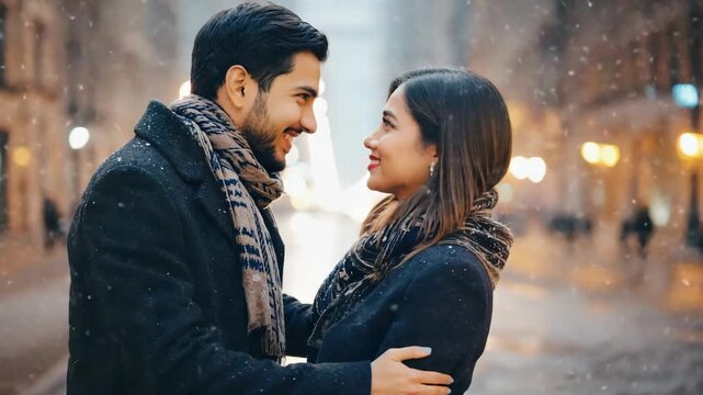 Romantic young indian couple enjoying a date on a snowy winter evening in the city. Happy man and woman smiling and embracing during a beautiful snowfall sequence