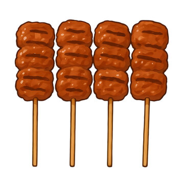 Thai Street Food Cartoon Moo Ping Grilled Pork Skewers - Isolated on Transparent Background