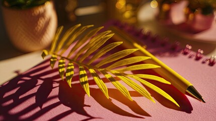 Golden Palm Leaf On Pink Notebook With Pen