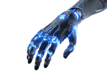 Futuristic, translucent, metallic hand with glowing blue veins, reaching towards the viewer