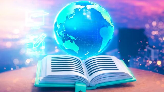 Open book with glowing world globe above pages showing global education research knowledge sharing and modern digital learning environment