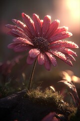 Detailed Pink Flower With Dew Drops In Sunlight