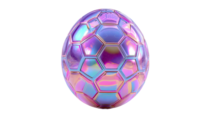Digital rendering of a holographic egg, faceted with honeycomb pattern, against black backdrop