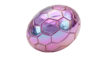 Glossy, iridescent egg-shaped object with a segmented surface composed of hexagonal tiles