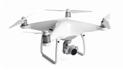 White quadcopter drone with camera and landing gear