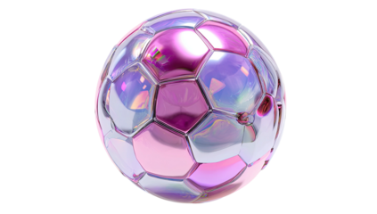 A 3D rendered soccer ball with iridescent pink, purple, and silver hexagonal panels