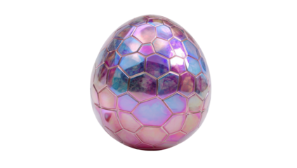 A large, iridescent egg, showcasing a segmented, geometric surface, on a black background